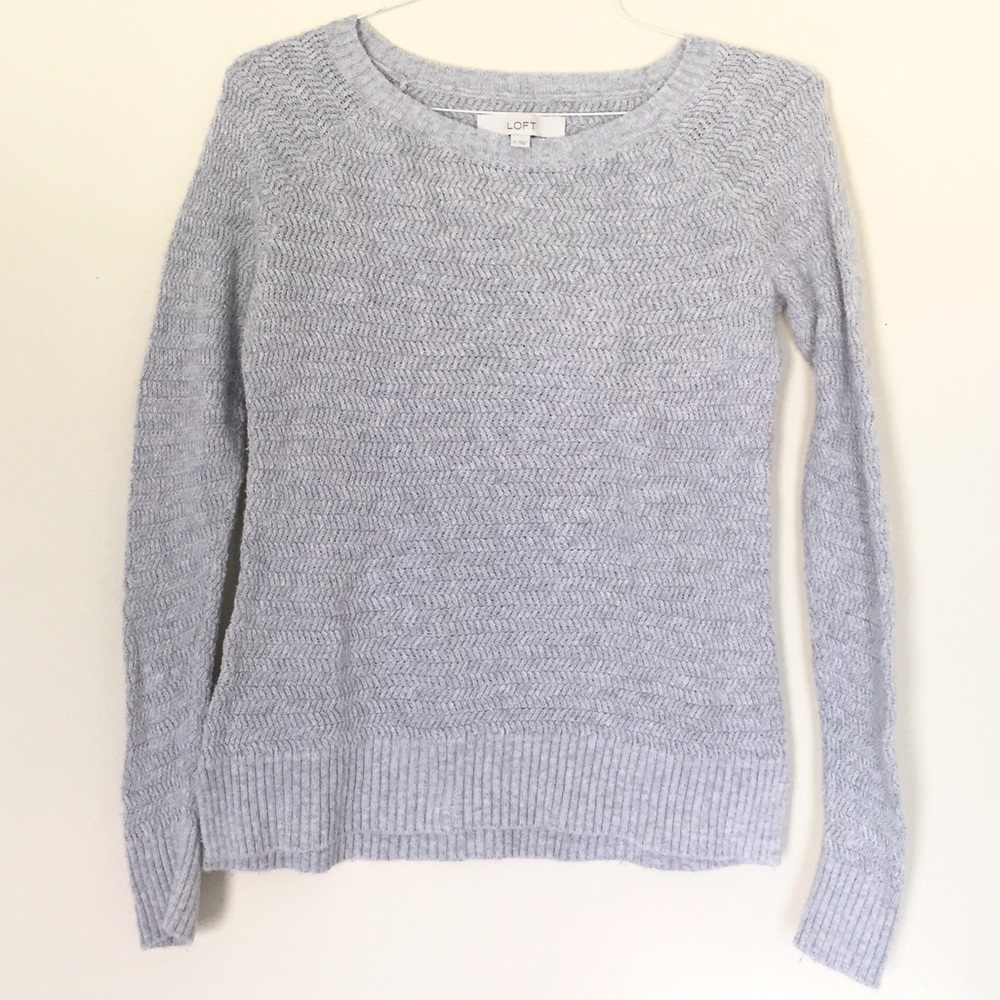 LOFT | Herringbone Crew Neck Medium Weight Sweater in Light Gray